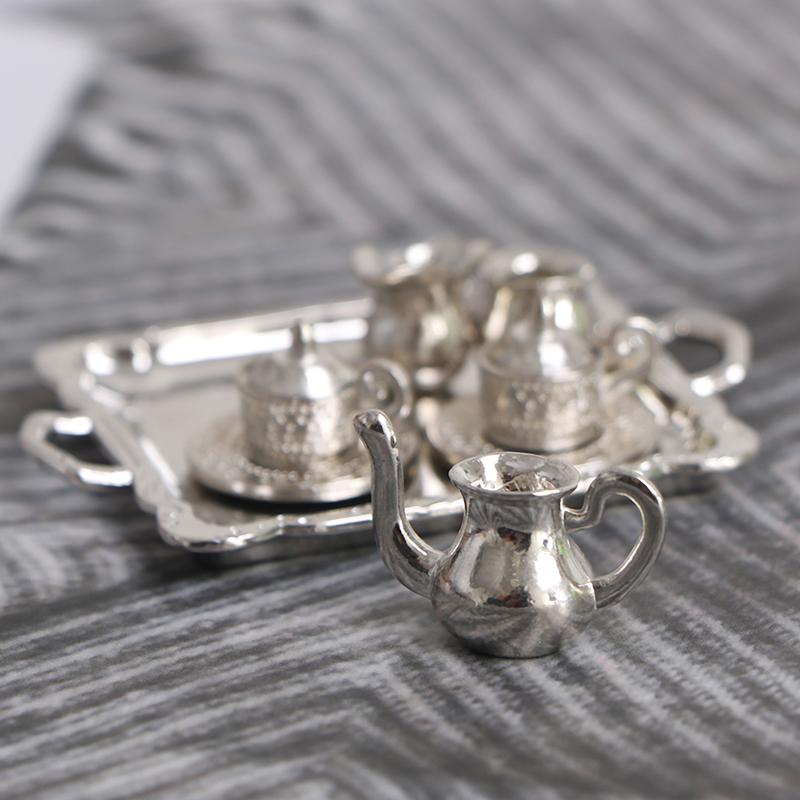 Coffee Tea And Sugar Set - -ชุดถาดชา-กาแฟโลหะสีเงินขนาดเล็กสำหรับบ้านตุ๊กตา 1/12 จำนวน 10 ชิ้น